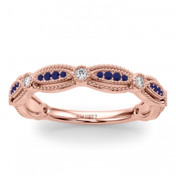 Antique Style Diamond & Blue Sapphire Wedding Band Ring 14K Rose Gold (0.20ct)